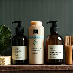 Sustainable, natural grooming products on a wooden shelf